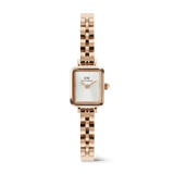 Petite rose gold women’s watch with a rectangular white sunray dial, minimalist face, and a polished 3-link stainless steel bracelet. The elegant arched case and seamless butterfly clasp highlight its refined, contemporary style.