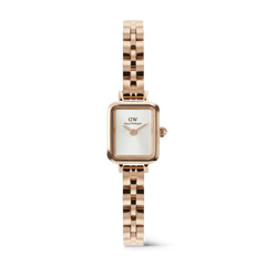 Petite rose gold women’s watch with a rectangular white sunray dial, minimalist face, and a polished 3-link stainless steel bracelet. The elegant arched case and seamless butterfly clasp highlight its refined, contemporary style.