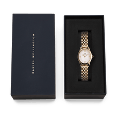 Ophelia Mini Gold women’s watch with gold five-link bracelet in Daniel Wellington gift box, elegant and classic design.