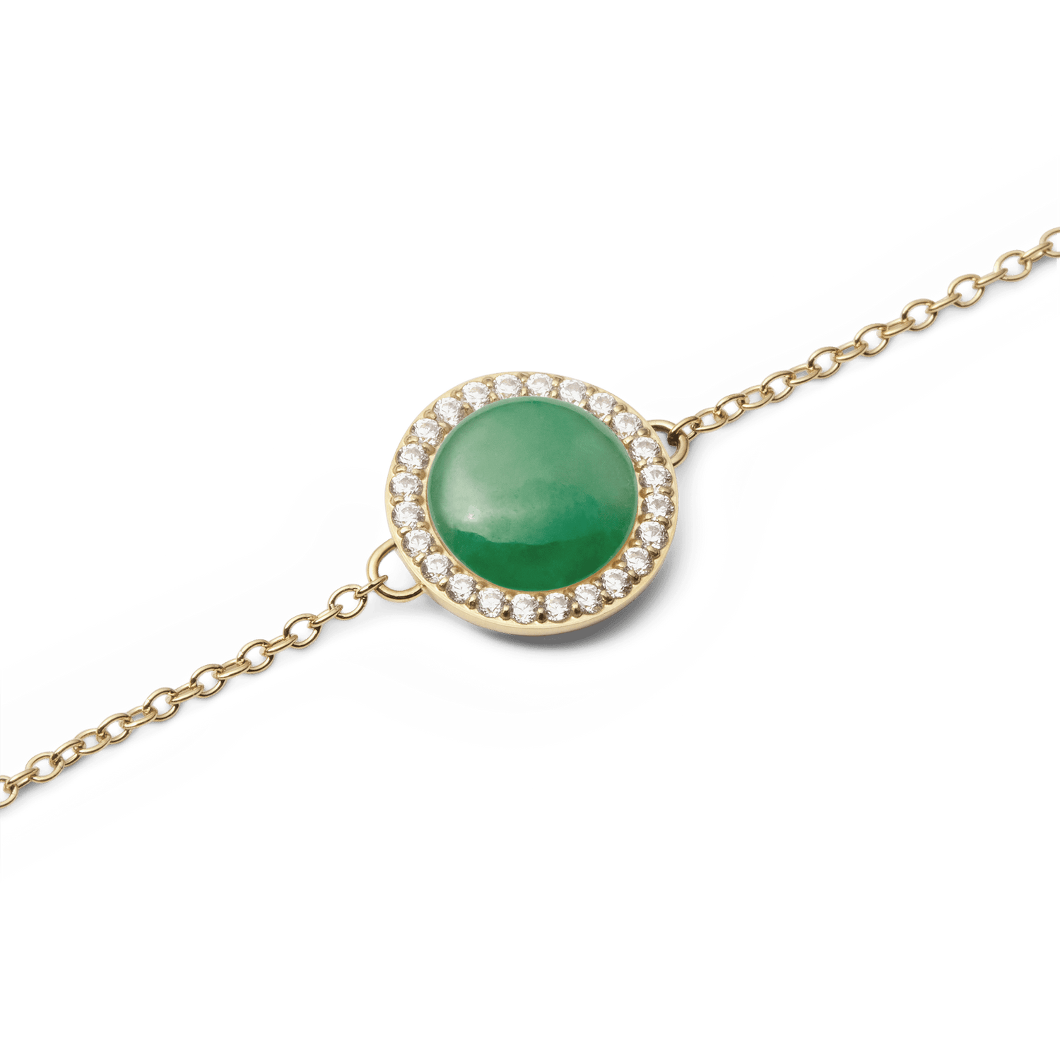 Close-up of Audrey Bracelet Jade Gold featuring a domed green jade centre and sparkling cubic zirconia halo on a gold chain.