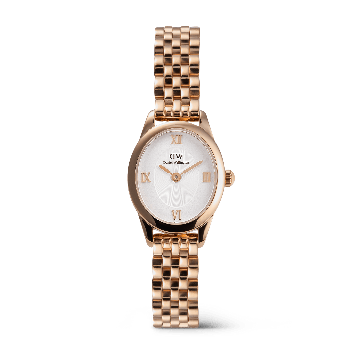 Rose gold women’s watch with an oval case, white sunray dial, raised Roman numerals, and a polished beans link bracelet, designed for a refined and elegant look.