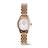Rose gold women’s watch with an oval case, white sunray dial, raised Roman numerals, and a polished beans link bracelet, designed for a refined and elegant look.