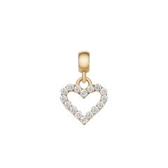 Gold heart-shaped charm with an open contour design, featuring sparkling white crystals set in a claw setting, attached to a polished gold clasp.