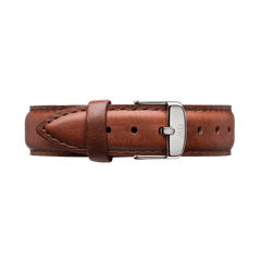 St Mawes Strap Silver featuring genuine brown leather with neat stitching and a polished silver buckle, designed to fit Daniel Wellington watches.