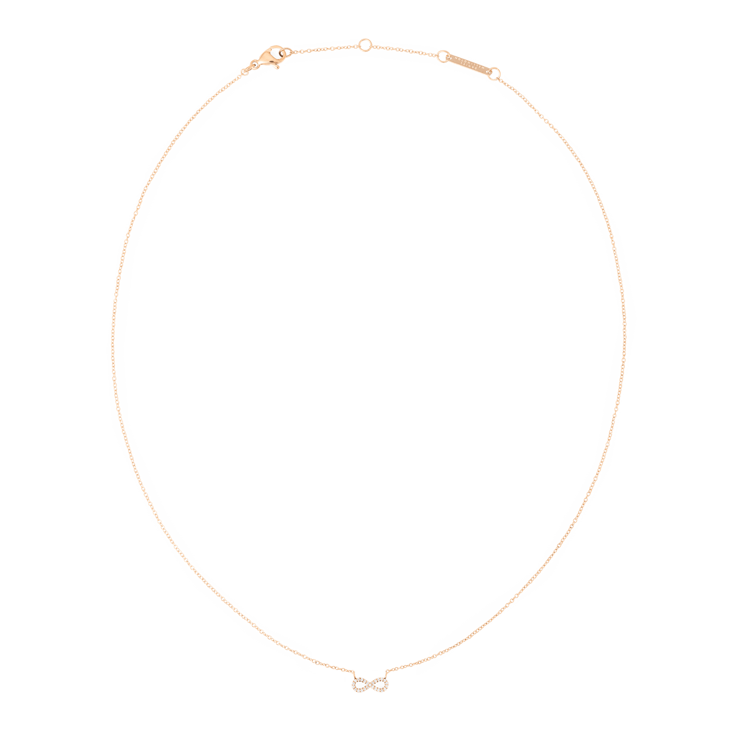 Rose gold necklace with a fine chain and a delicate infinity pendant set with sparkling white cubic zirconia, designed for a minimalist and elegant look.