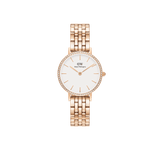 Rose gold women’s watch with a five-link bracelet, white minimalist dial, and a bezel set with sparkling crystals, designed by Daniel Wellington for a refined and elegant look.