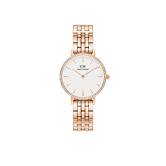 Rose gold women’s watch with a five-link bracelet, white minimalist dial, and a bezel set with sparkling crystals, designed by Daniel Wellington for a refined and elegant look.