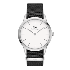 Sleek watch with a polished silver case, minimalist white dial, and a textured black NATO strap crafted from recycled nylon.