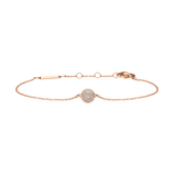 Rose gold bracelet with a slim adjustable chain, featuring a round pavé crystal pendant set with sparkling cubic zirconia and a secure lobster clasp.