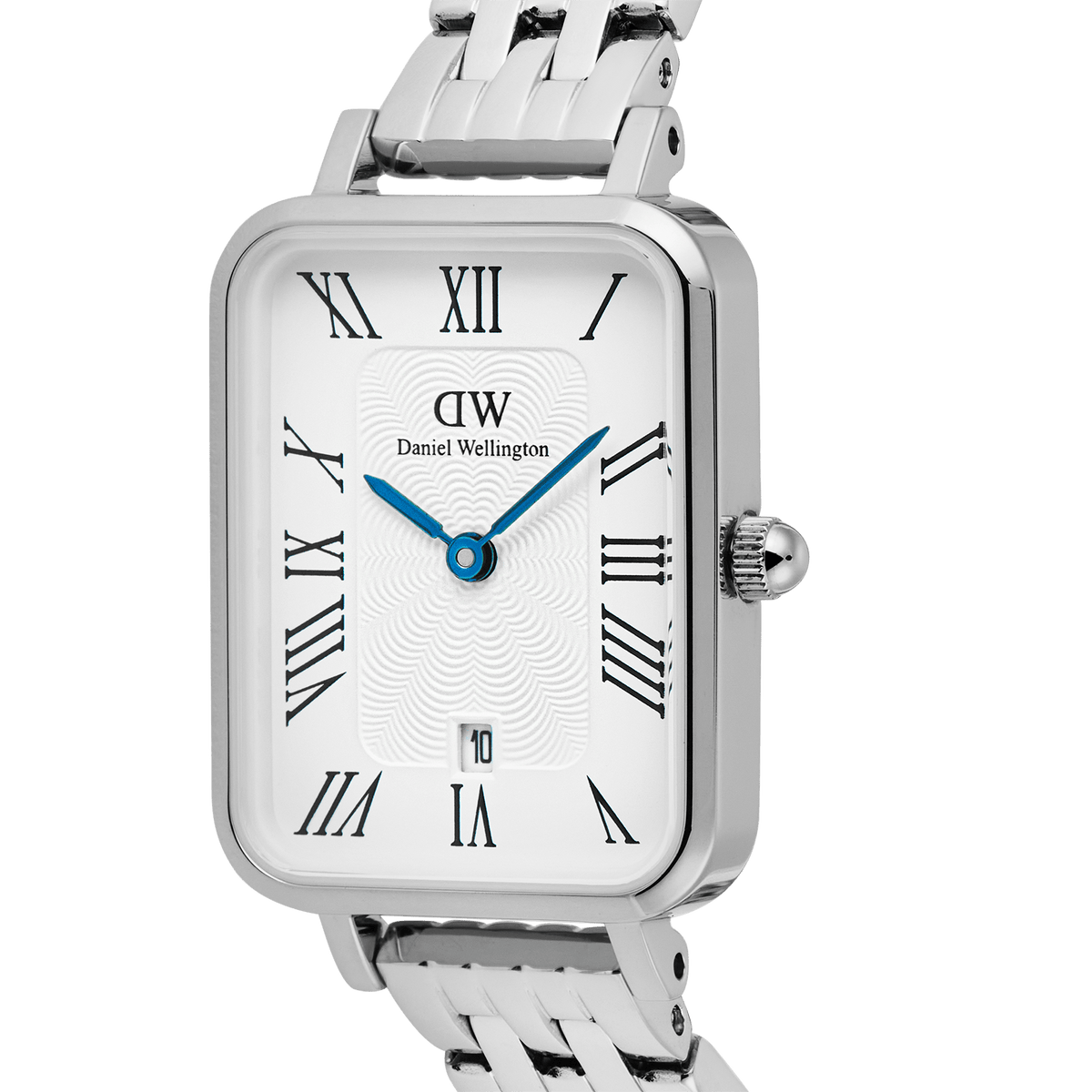 Close-up of the Quadro Roman Numerals Date 5-link Silver watch, highlighting the rectangular white dial with black Roman numerals, blue hands, guilloché detailing, and a date window above six o’clock, paired with a polished silver five-link bracelet.