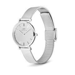 Petite Reflection Silver women’s watch with mirror glass dial, polished stainless steel mesh strap, and minimalist design.