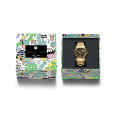 Steven Harrington x DW: Iconic Link Dual Tone gold watch displayed in a vibrant, artist-designed presentation box featuring colourful illustrations, highlighting the limited edition collector’s packaging.