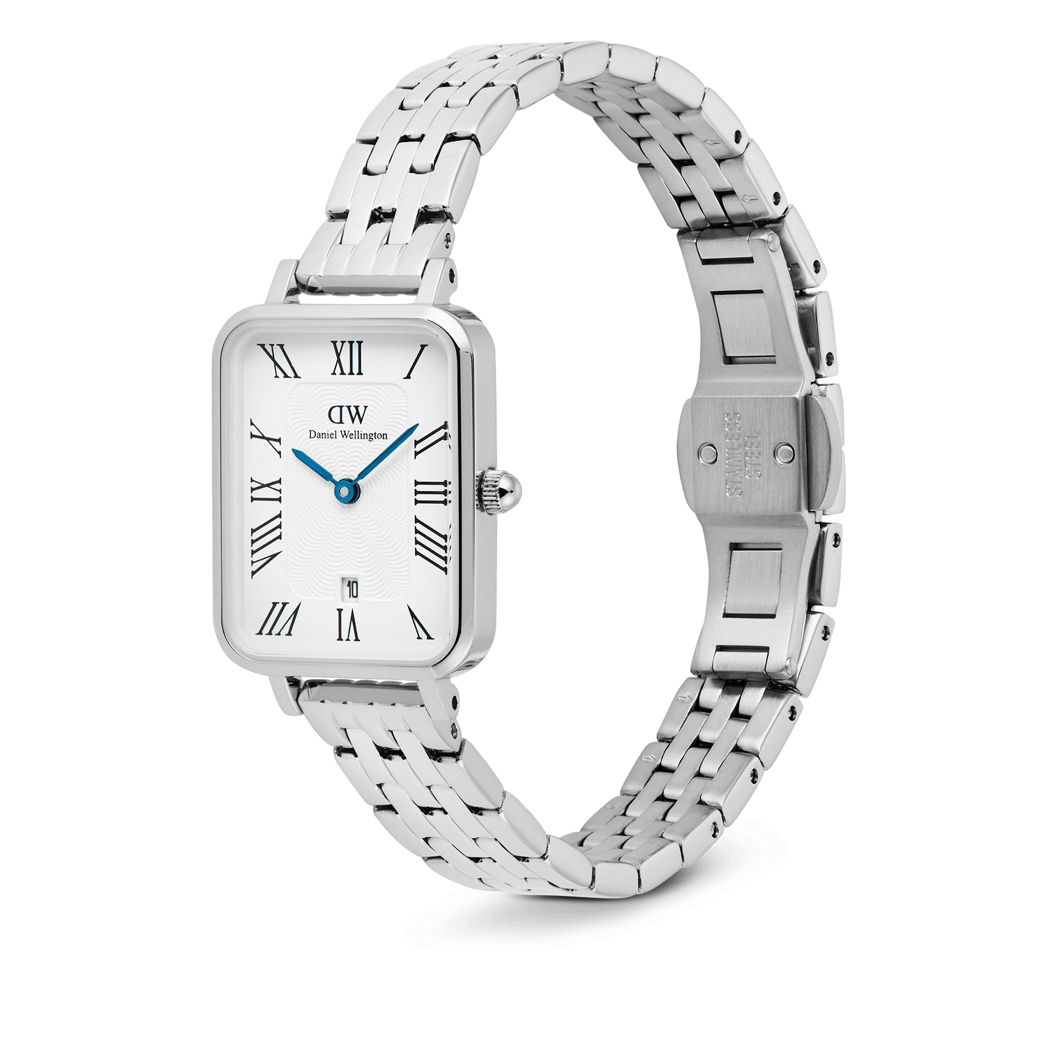 Quadro Roman Numerals Date 5-link Silver watch featuring a rectangular white dial with Roman numerals, blue hands, a date window at six o’clock, and a polished five-link stainless steel bracelet with a butterfly clasp.