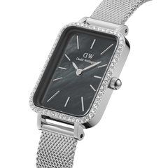 Quadro Lumine Bezel Sterling Black MOP women’s watch with crystal-set bezel, black mother of pearl dial, and mesh strap.
