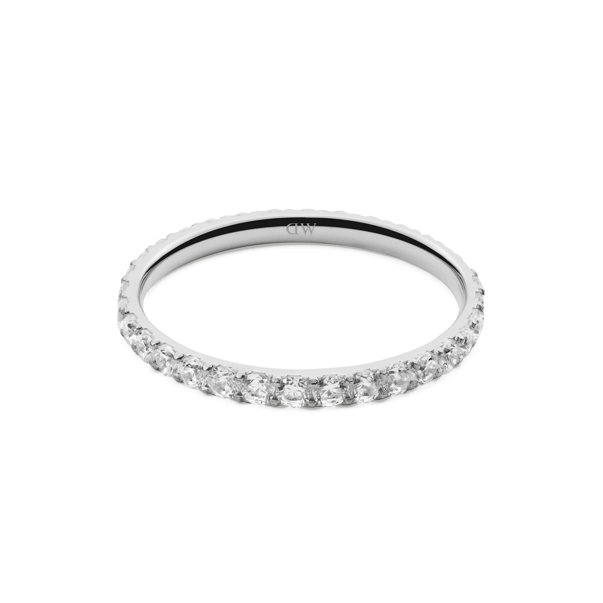 Delicate Mirelle Eternity Ring Silver 2 mm with a continuous band of white cubic zirconia crystals set in polished stainless steel, offering a refined and timeless style.