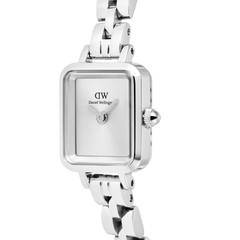 Close-up of the Quadro Mini Arch 3-link White Sunray Silver watch, showing its rectangular sunray white dial, polished stainless steel case, and distinctive arched 3-link bracelet.