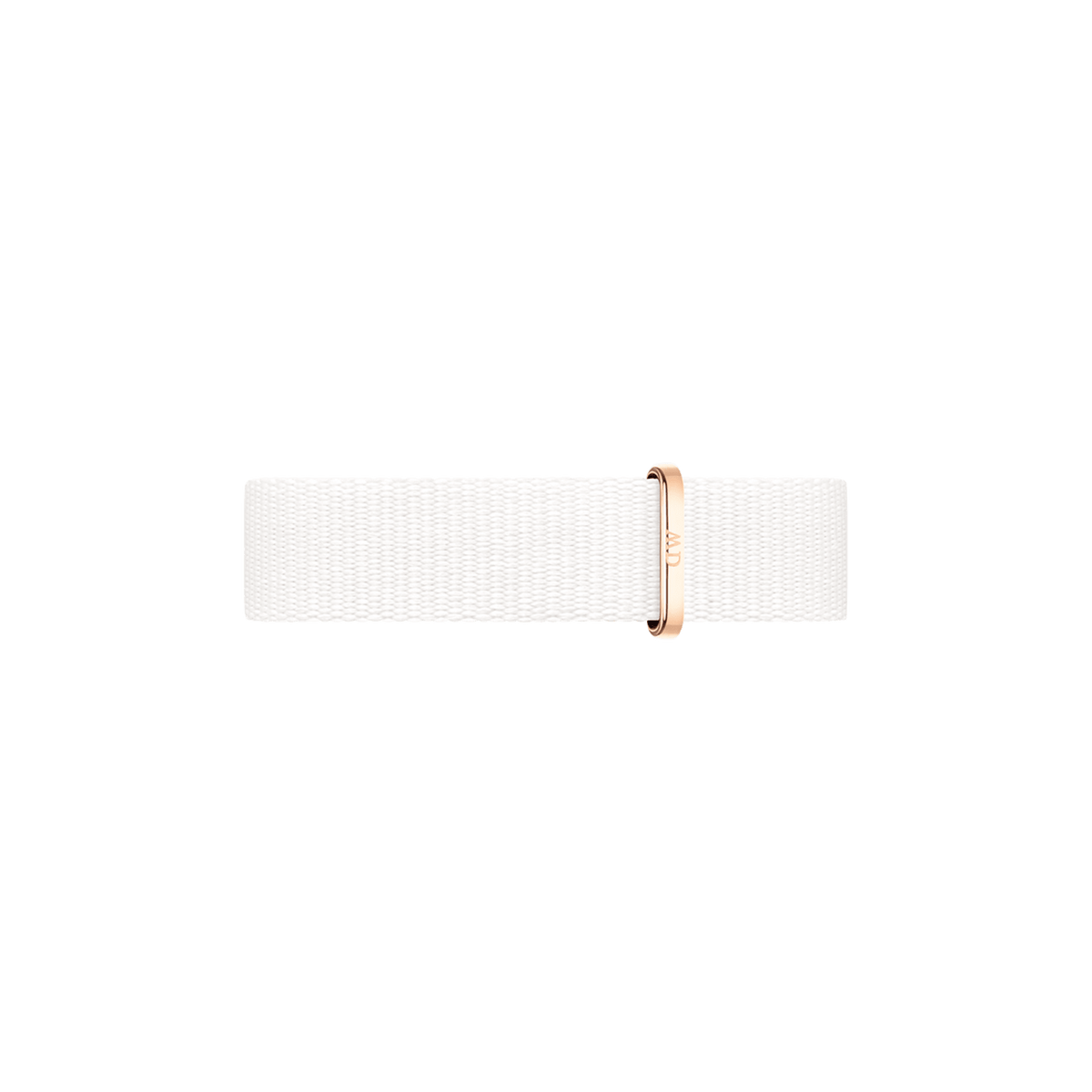 Minimalist white polyester nato watch strap with a rose gold buckle, designed for Daniel Wellington watches and offering a refined, contemporary look.