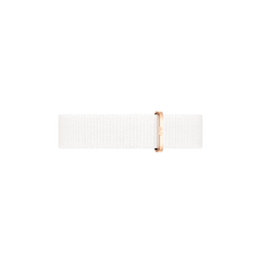 Minimalist white polyester nato watch strap with a rose gold buckle, designed for Daniel Wellington watches and offering a refined, contemporary look.