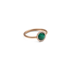 Audrey Ring in rose gold with domed green malachite centre and halo of white cubic zirconia, elegant modern jewellery.