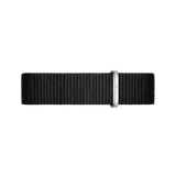 Cornwall Strap Silver showcases a black polyester NATO watch strap with a polished silver buckle engraved with DW, offering a sleek and modern look for Daniel Wellington watches.