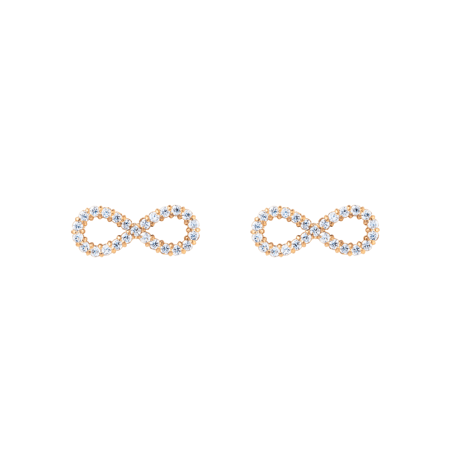 Pair of rose gold infinity stud earrings featuring a delicate pavé setting with white cubic zirconia crystals, displayed on a plain background.