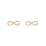 Pair of rose gold infinity stud earrings featuring a delicate pavé setting with white cubic zirconia crystals, displayed on a plain background.