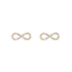 Pair of rose gold infinity stud earrings featuring a delicate pavé setting with white cubic zirconia crystals, displayed on a plain background.