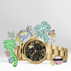 Steven Harrington x DW: Iconic Link Dual Tone gold watch with a black illustrated dial, surrounded by playful, colourful cartoon artwork inspired by the artist’s signature style.