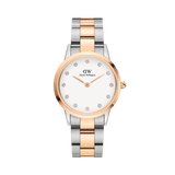 Classic Daniel Wellington Iconic Link Lumine watch with a minimalist eggshell white face, crystal hour markers, and a two-tone stainless steel and rose gold-plated bracelet.