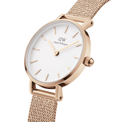 Daniel Wellington Petite Pressed Melrose watch with rose gold mesh strap and minimalist eggshell white dial for women.
