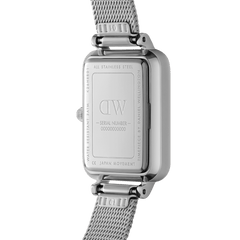 Back view of Quadro Lumine Bezel Sterling Black MOP watch showing engraved stainless steel case and mesh strap.