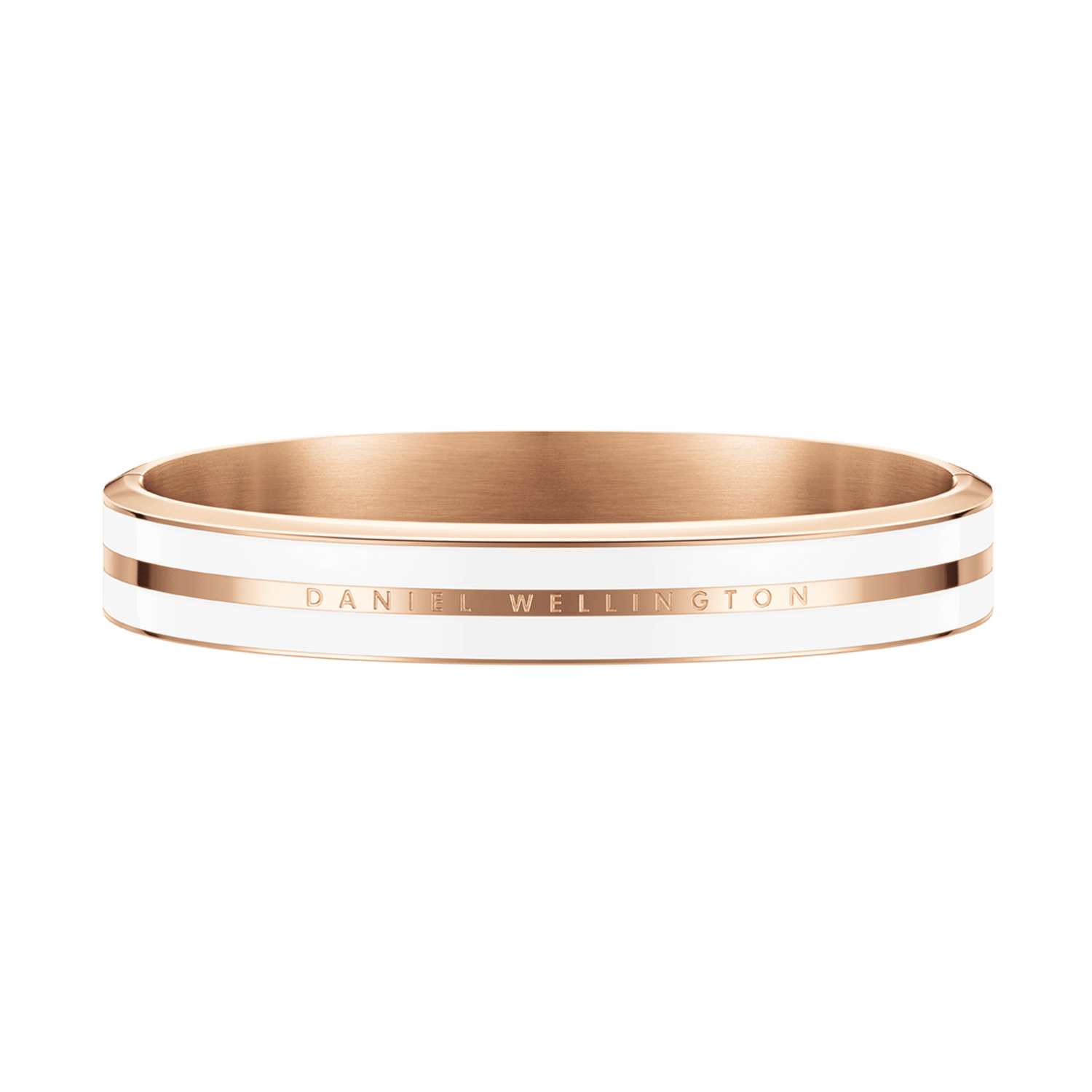Rose gold bangle bracelet with a satin white enamel inlay and engraved Daniel Wellington logo, featuring a polished finish and minimalist design.
