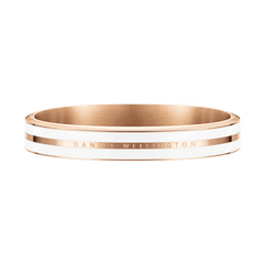 Rose gold bangle bracelet with a satin white enamel inlay and engraved Daniel Wellington logo, featuring a polished finish and minimalist design.