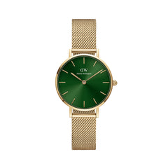 Petite Emerald Gold women’s watch with emerald green sunray dial and gold mesh strap, slim minimalist design.