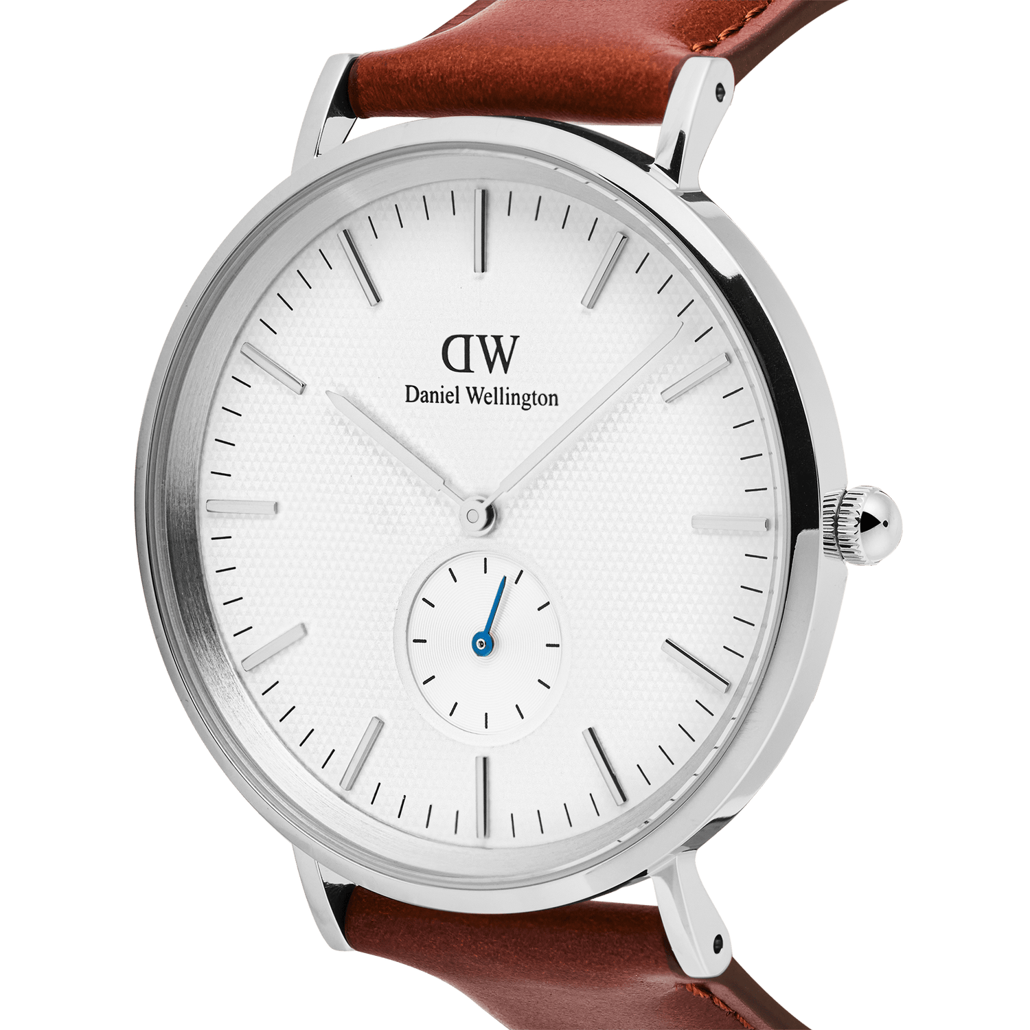 Close-up of the Classic Multi-Eye St Mawes Off-white Sunray Silver men’s watch, showing its textured off-white dial, blue sub-second hand, polished silver case, and brown leather strap.