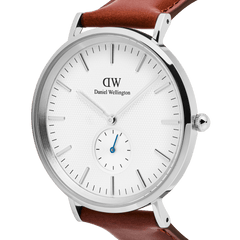 Close-up of the Classic Multi-Eye St Mawes Off-white Sunray Silver men’s watch, showing its textured off-white dial, blue sub-second hand, polished silver case, and brown leather strap.