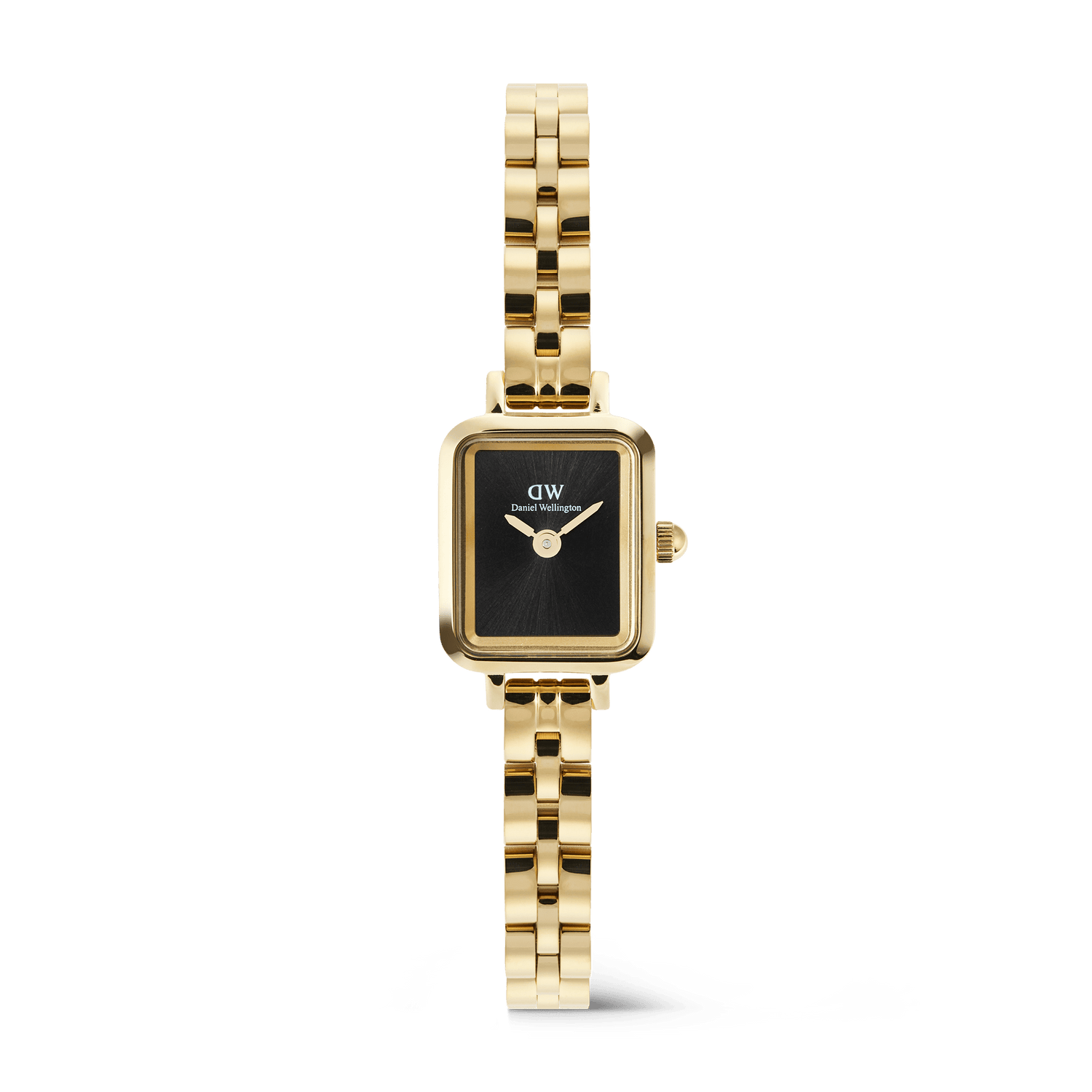 Quadro Mini Arch 3-link Onyx Sunray Gold women’s watch featuring a rectangular black dial, minimalist gold hands, and a polished gold 3-link bracelet with an elegant, contemporary design.