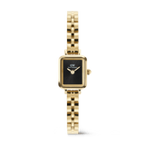 Quadro Mini Arch 3-link Onyx Sunray Gold women’s watch featuring a rectangular black dial, minimalist gold hands, and a polished gold 3-link bracelet with an elegant, contemporary design.