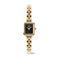 Quadro Mini Arch 3-link Onyx Sunray Gold women’s watch featuring a rectangular black dial, minimalist gold hands, and a polished gold 3-link bracelet with an elegant, contemporary design.
