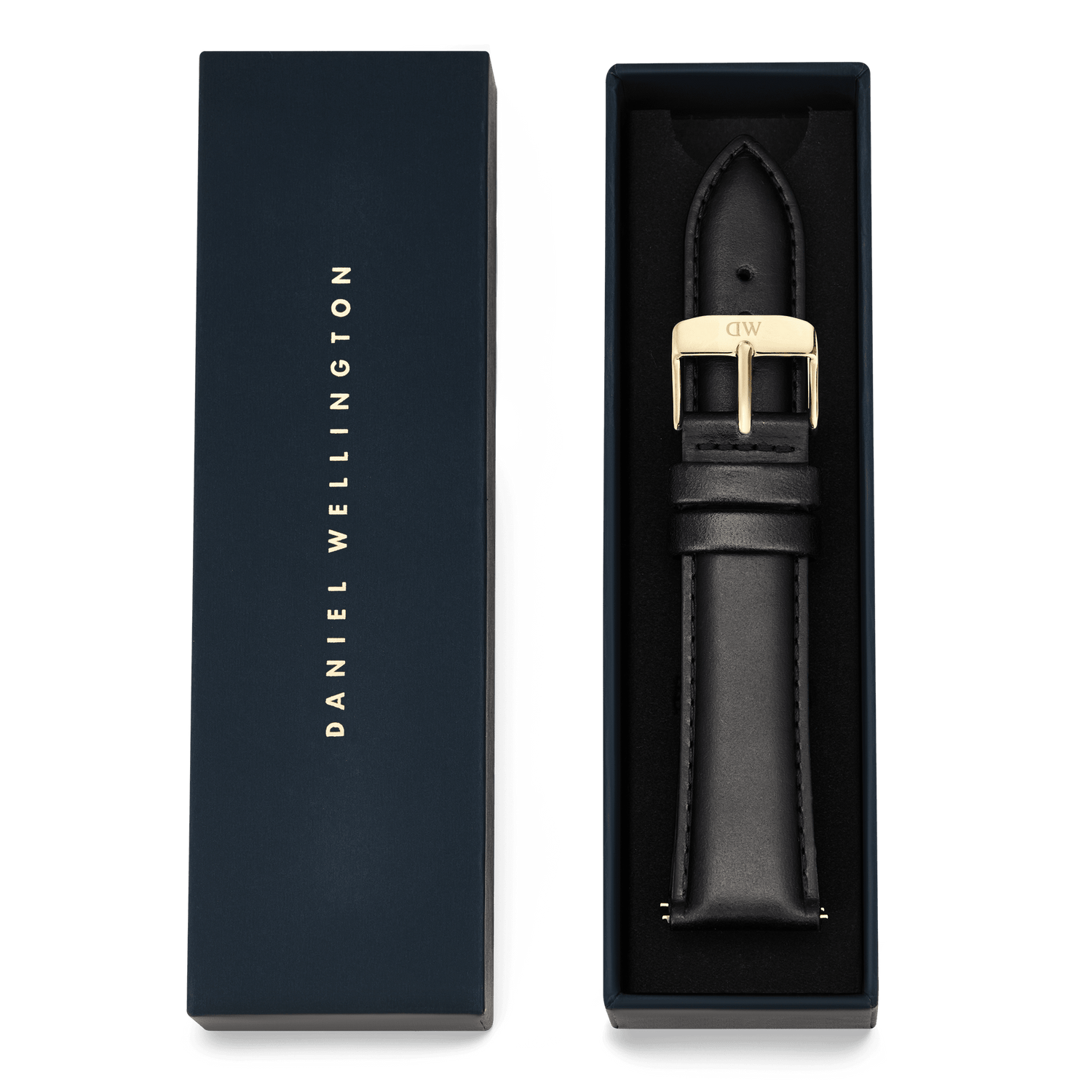 Tapered Sheffield Strap Gold presented in a navy Daniel Wellington gift box, showcasing the black leather strap with a polished gold buckle and refined stitching.
