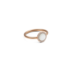 Audrey Ring in rose gold with round mother of pearl centre and cubic zirconia halo, elegant and modern jewellery piece.