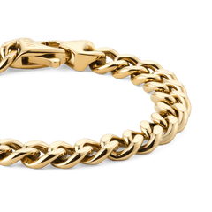 Close-up of the Ellipse Cuban Chain Bracelet Gold, highlighting its polished gold PVD-plated stainless steel links and secure lobster clasp with a smooth, contemporary finish.