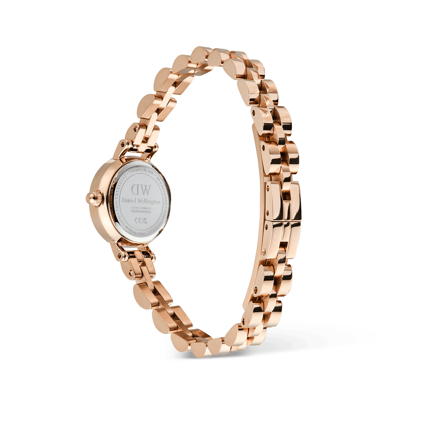 Rear view of the Petite Mini Arch 3-link White Rose Gold watch, showing the engraved case back, polished rose gold 3-link bracelet, and button-less butterfly clasp for a seamless fit on small wrists.