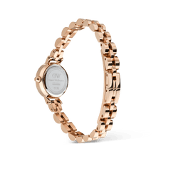 Rear view of the Petite Mini Arch 3-link White Rose Gold watch, showing the engraved case back, polished rose gold 3-link bracelet, and button-less butterfly clasp for a seamless fit on small wrists.