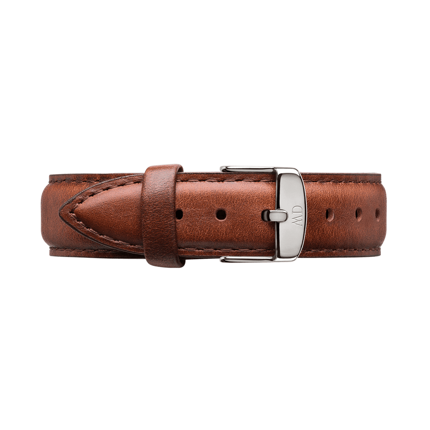 St Mawes XL Strap Silver in light brown genuine leather, featuring fine stitching and a polished silver buckle engraved with the Daniel Wellington monogram, shown in an extra-long length for a tailored fit.