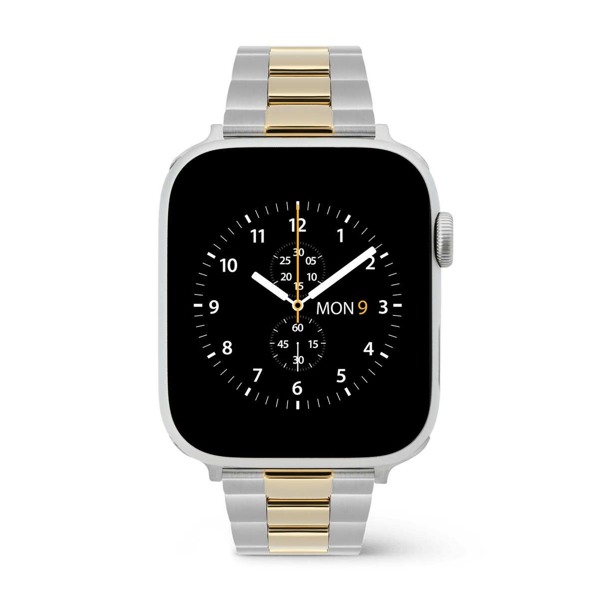 Apple Watch with the Daniel Wellington Smartwatch Iconic Link two-tone strap, showcasing a classic three-link bracelet in brushed silver stainless steel and polished gold centre links for a refined, modern finish.