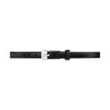 Slim black genuine leather watch strap with subtle stitching, featuring a polished silver pin buckle engraved with the Daniel Wellington logo. The refined design offers a classic, elegant look suitable for pairing with a variety of watch faces.
