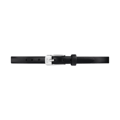 Slim black genuine leather watch strap with subtle stitching, featuring a polished silver pin buckle engraved with the Daniel Wellington logo. The refined design offers a classic, elegant look suitable for pairing with a variety of watch faces.