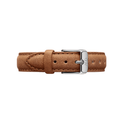 Durham Strap Silver light brown leather watch strap with vintage texture, contrast stitching and silver buckle, Daniel Wellington.