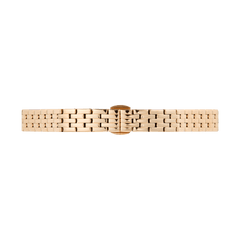 Polished rose gold 5-link watch strap with a butterfly clasp, crafted from 316L stainless steel and designed for petite Daniel Wellington watches. The strap features a refined, textured finish and a straight end-piece for a seamless fit.